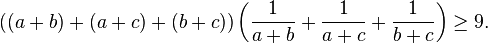 ((a+b)+(a+c)+(b+c))\left({\frac  {1}{a+b}}+{\frac  {1}{a+c}}+{\frac  {1}{b+c}}\right)\geq 9.