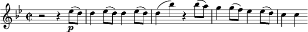 
\relative c'' {
  \key g \minor
  \time 2/2
  r2 r4 es8(\p d) |
  d4 es8( d) d4 es8( d) |
  d4( bes') r bes8( a) |
  g4 g8( f) es4 es8( d) |
  c4 c
}
