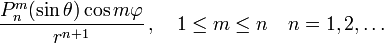 {\frac  {P_{n}^{m}(\sin \theta )\cos m\varphi }{r^{{n+1}}}}\,,\quad 1\leq m\leq n\quad n=1,2,\dots 