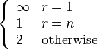 \left\{{\begin{array}{ll}\infty &r=1\\1&r=n\\2&{\text{otherwise}}\end{array}}\right.