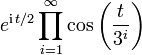 e^{{{\mathrm  {i}}\,t/2}}\prod _{{i=1}}^{{\infty }}\cos {\left({\frac  {t}{3^{{i}}}}\right)}