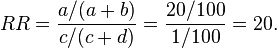 RR={\frac  {a/(a+b)}{c/(c+d)}}={\frac  {20/100}{1/100}}=20.