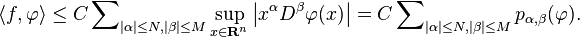 \langle f,\varphi \rangle \leq C\sum \nolimits _{{|\alpha |\leq N,|\beta |\leq M}}\sup _{{x\in {\mathbf  {R}}^{n}}}\left|x^{\alpha }D^{\beta }\varphi (x)\right|=C\sum \nolimits _{{|\alpha |\leq N,|\beta |\leq M}}p_{{\alpha ,\beta }}(\varphi ).