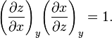 {\left({\frac  {\partial z}{\partial x}}\right)}_{y}{\left({\frac  {\partial x}{\partial z}}\right)}_{y}=1.