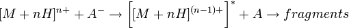 [M+nH]^{{n+}}+A^{-}\to {\bigg [}[M+nH]^{{(n-1)+}}{\bigg ]}^{*}+A\to fragments