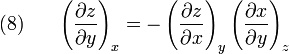 (8)~~~~~\left({\frac  {\partial z}{\partial y}}\right)_{x}=-\left({\frac  {\partial z}{\partial x}}\right)_{y}\left({\frac  {\partial x}{\partial y}}\right)_{z}