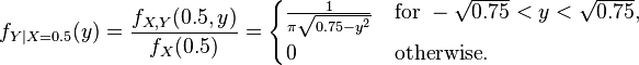 f_{{Y|X=0.5}}(y)={\frac  {f_{{X,Y}}(0.5,y)}{f_{X}(0.5)}}={\begin{cases}{\frac  {1}{\pi {\sqrt  {0.75-y^{2}}}}}&{\text{for }}-{\sqrt  {0.75}}<y<{\sqrt  {0.75}},\\0&{\text{otherwise}}.\end{cases}}