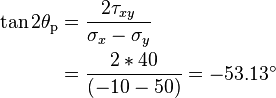 {\begin{aligned}\tan 2\theta _{{\mathrm  {p}}}&={\frac  {2\tau _{{xy}}}{\sigma _{x}-\sigma _{y}}}\\&={\frac  {2*40}{(-10-50)}}=-53.13^{\circ }\end{aligned}}