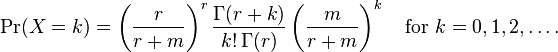 \Pr(X=k)=\left({\frac  {r}{r+m}}\right)^{r}{\frac  {\Gamma (r+k)}{k!\,\Gamma (r)}}\left({\frac  {m}{r+m}}\right)^{k}\quad {\text{for }}k=0,1,2,\dots .