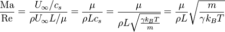 {\frac  {{\mathrm  {Ma}}}{{\mathrm  {Re}}}}={\frac  {U_{\infty }/c_{s}}{\rho U_{\infty }L/\mu }}={\frac  {\mu }{\rho Lc_{s}}}={\frac  {\mu }{\rho L{\sqrt  {{\frac  {\gamma k_{B}T}{m}}}}}}={\frac  {\mu }{\rho L}}{\sqrt  {{\frac  {m}{\gamma k_{B}T}}}}