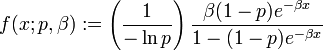 f(x;p,\beta ):=\left({\frac  {1}{-\ln p}}\right){\frac  {\beta (1-p)e^{{-\beta x}}}{1-(1-p)e^{{-\beta x}}}}