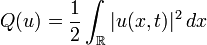 Q(u)={\frac  {1}{2}}\int _{{\mathbb{R} }}|u(x,t)|^{2}\,dx