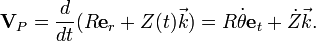 {\textbf  {V}}_{P}={\frac  {d}{dt}}(R{\textbf  {e}}_{r}+Z(t){\vec  {k}})=R{\dot  {\theta }}{\textbf  {e}}_{t}+{\dot  {Z}}{\vec  {k}}.