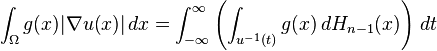 \int _{\Omega }g(x)|\nabla u(x)|\,dx=\int _{{-\infty }}^{\infty }\left(\int _{{u^{{-1}}(t)}}g(x)\,dH_{{n-1}}(x)\right)\,dt