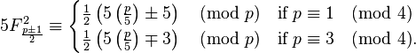 5F_{{{\frac  {p\pm 1}{2}}}}^{2}\equiv {\begin{cases}{\tfrac  {1}{2}}\left(5\left({\frac  {p}{5}}\right)\pm 5\right){\pmod  p}&{\textrm  {if}}\;p\equiv 1{\pmod  4}\\{\tfrac  {1}{2}}\left(5\left({\frac  {p}{5}}\right)\mp 3\right){\pmod  p}&{\textrm  {if}}\;p\equiv 3{\pmod  4}.\end{cases}}