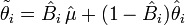 {\tilde  {\theta }}_{i}={\hat  {B}}_{i}\,{\hat  {\mu }}+(1-{\hat  {B}}_{i}){\hat  {\theta }}_{i}