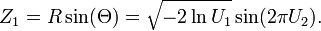 Z_{1}=R\sin(\Theta )={\sqrt  {-2\ln U_{1}}}\sin(2\pi U_{2}).\,