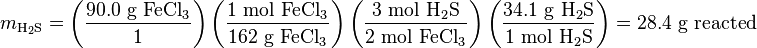 m_{{\mathrm  {H_{2}S}}}=\left({\frac  {90.0{\mbox{ g }}{\mathrm  {FeCl_{3}}}}{1}}\right)\left({\frac  {1{\mbox{ mol }}{\mathrm  {FeCl_{3}}}}{162{\mbox{ g }}{\mathrm  {FeCl_{3}}}}}\right)\left({\frac  {3{\mbox{ mol }}{\mathrm  {H_{2}S}}}{2{\mbox{ mol }}{\mathrm  {FeCl_{3}}}}}\right)\left({\frac  {34.1{\mbox{ g }}{\mathrm  {H_{2}S}}}{1{\mbox{ mol }}{\mathrm  {H_{2}S}}}}\right)={28.4{\mbox{ g }}{\mathrm  {reacted}}}