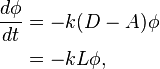 {\begin{aligned}{\frac  {d\phi }{dt}}&=-k(D-A)\phi \\&=-kL\phi ,\end{aligned}}