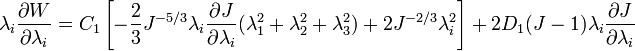 \lambda _{i}{\frac  {\partial W}{\partial \lambda _{i}}}=C_{1}\left[-{\frac  {2}{3}}J^{{-5/3}}\lambda _{i}{\frac  {\partial J}{\partial \lambda _{i}}}(\lambda _{1}^{2}+\lambda _{2}^{2}+\lambda _{3}^{2})+2J^{{-2/3}}\lambda _{i}^{2}\right]+2D_{1}(J-1)\lambda _{i}{\frac  {\partial J}{\partial \lambda _{i}}}