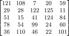 {\begin{bmatrix}121&108&7&20&59\\29&28&122&125&11\\51&15&41&124&84\\78&54&99&24&60\\36&110&46&22&101\\\end{bmatrix}}