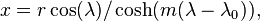 x=r\cos(\lambda )/\cosh(m(\lambda -\lambda _{0})),\,