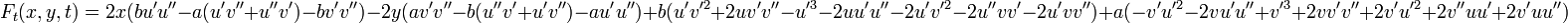 F_{t}(x,y,t)=2x(bu'u''-a(u'v''+u''v')-bv'v'')-2y(av'v''-b(u''v'+u'v'')-au'u'')+b(u'v'^{2}+2uv'v''-u'^{3}-2uu'u''-2u'v'^{2}-2u''vv'-2u'vv'')+a(-v'u'^{2}-2vu'u''+v'^{3}+2vv'v''+2v'u'^{2}+2v''uu'+2v'uu'')