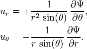 {\begin{aligned}u_{r}&=+{\frac  {1}{r^{2}\,\sin(\theta )}}\,{\frac  {\partial \Psi }{\partial \theta }},\\u_{\theta }&=-{\frac  {1}{r\,\sin(\theta )}}\,{\frac  {\partial \Psi }{\partial r}}.\end{aligned}}