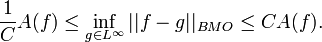 {\frac  {1}{C}}A(f)\leq \inf _{{g\in L^{{\infty }}}}||f-g||_{{BMO}}\leq CA(f).