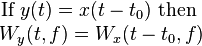 {\begin{matrix}{\text{If }}y(t)=x(t-t_{0}){\text{ then }}\\W_{y}(t,f)=W_{x}(t-t_{0},f)\end{matrix}}