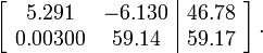 \left[{\begin{array}{cc|c}5.291&-6.130&46.78\\0.00300&59.14&59.17\\\end{array}}\right].