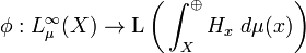 \phi :L_{\mu }^{\infty }(X)\rightarrow \operatorname {L}{\bigg (}\int _{X}^{\oplus }H_{x}\ d\mu (x){\bigg )}