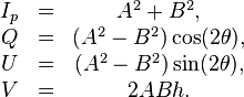 {\begin{matrix}I_{p}&=&A^{2}+B^{2},\\Q&=&(A^{2}-B^{2})\cos(2\theta ),\\U&=&(A^{2}-B^{2})\sin(2\theta ),\\V&=&2ABh.\\\end{matrix}}