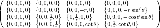 \left({\begin{array}{llll}\left\{0,0,0,0\right\}&\left\{0,0,0,0\right\}&\{0,0,0,0\}&\{0,0,0,0\}\\\left\{0,0,0,0\right\}&\left\{0,0,0,0\right\}&\{0,0,-r,0\}&\left\{0,0,0,-r\sin ^{2}\theta \right\}\\\{0,0,0,0\}&\left\{0,0,{\frac  {1}{r}},0\right\}&\left\{0,{\frac  {1}{r}},0,0\right\}&\{0,0,0,-\cos \theta \sin \theta \}\\\{0,0,0,0\}&\left\{0,0,0,{\frac  {1}{r}}\right\}&\{0,0,0,\cot \theta \}&\left\{0,{\frac  {1}{r}},\cot \theta ,0\right\}\end{array}}\right)