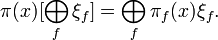 \pi (x)[\bigoplus _{{f}}\xi _{f}]=\bigoplus _{{f}}\pi _{f}(x)\xi _{f}.