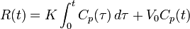 R(t)=K\int _{0}^{t}C_{p}(\tau )\,d\tau +V_{0}C_{p}(t)