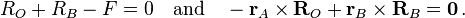 R_{O}+R_{B}-F=0\quad {\text{and}}\quad -{\mathbf  {r}}_{A}\times {\mathbf  {R}}_{O}+{\mathbf  {r}}_{B}\times {\mathbf  {R}}_{B}={\mathbf  {0}}\,.