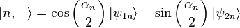 |n,+\rangle =\cos \left({\frac  {\alpha _{n}}{2}}\right)|\psi _{{1n}}\rangle +\sin \left({\frac  {\alpha _{n}}{2}}\right)|\psi _{{2n}}\rangle 