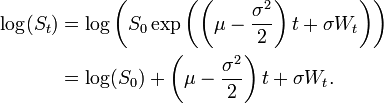 {\begin{alignedat}{2}\log(S_{t})&=\log \left(S_{0}\exp \left(\left(\mu -{\frac  {\sigma ^{2}}{2}}\right)t+\sigma W_{t}\right)\right)\\&=\log(S_{0})+\left(\mu -{\frac  {\sigma ^{2}}{2}}\right)t+\sigma W_{t}.\end{alignedat}}