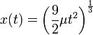 x(t)=\left({\frac  {9}{2}}\mu t^{2}\right)^{{{\frac  {1}{3}}}}