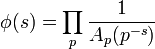 \phi (s)=\prod _{{p}}{\frac  {1}{A_{p}(p^{{-s}})}}