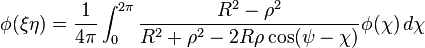 \phi (\xi \eta )={1 \over 4\pi }\int _{0}^{{2\pi }}{R^{2}-\rho ^{2} \over R^{2}+\rho ^{2}-2R\rho \cos(\psi -\chi )}\phi (\chi )\,d\chi \;