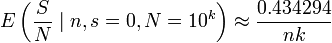 E\left({S \over N}\mid n,s=0,N=10^{k}\right)\approx {0.434294 \over nk}