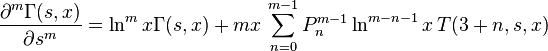 {\frac  {\partial ^{m}\Gamma (s,x)}{\partial s^{m}}}=\ln ^{m}x\Gamma (s,x)+mx\,\sum _{{n=0}}^{{m-1}}P_{n}^{{m-1}}\ln ^{{m-n-1}}x\,T(3+n,s,x)