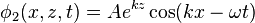 \phi _{2}(x,z,t)=Ae^{{kz}}\cos(kx-\omega t)