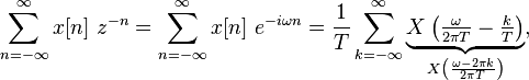 \sum _{{n=-\infty }}^{{\infty }}x[n]\ z^{{-n}}=\sum _{{n=-\infty }}^{{\infty }}x[n]\ e^{{-i\omega n}}={\frac  {1}{T}}\sum _{{k=-\infty }}^{{\infty }}\underbrace {X\left({\tfrac  {\omega }{2\pi T}}-{\tfrac  {k}{T}}\right)}_{{X\left({\frac  {\omega -2\pi k}{2\pi T}}\right)}},