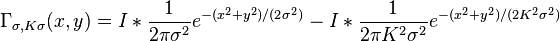 \Gamma _{{\sigma ,K\sigma }}(x,y)=I*{\frac  {1}{2\pi \sigma ^{2}}}e^{{-(x^{2}+y^{2})/(2\sigma ^{2})}}-I*{\frac  {1}{2\pi K^{2}\sigma ^{2}}}e^{{-(x^{2}+y^{2})/(2K^{2}\sigma ^{2})}}