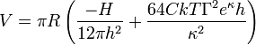 V=\pi R\left({\frac  {-H}{12\pi h^{2}}}+{\frac  {64CkT\Gamma ^{2}e^{\kappa }h}{\kappa ^{2}}}\right)