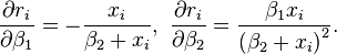 {\frac  {\partial r_{i}}{\partial \beta _{1}}}=-{\frac  {x_{i}}{\beta _{2}+x_{i}}},\ {\frac  {\partial r_{i}}{\partial \beta _{2}}}={\frac  {\beta _{1}x_{i}}{\left(\beta _{2}+x_{i}\right)^{2}}}.