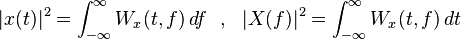 |x(t)|^{2}=\int _{{-\infty }}^{\infty }W_{x}(t,f)\,df\ \ ,\ \ |X(f)|^{2}=\int _{{-\infty }}^{\infty }W_{x}(t,f)\,dt